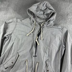 Gap Jacket Womens XL Blue White Hooded Parka‎ Stripe Rope Cinch Canvas Cotton